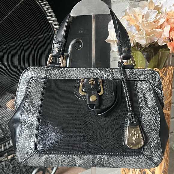 Cole Haan Gracie Large Black Snake Embossed leather, Top Handle Frame Satchel - Picture 1 of 9